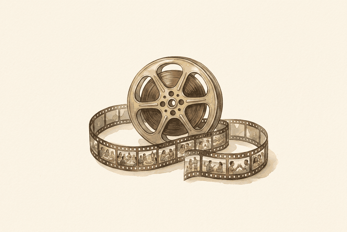 Watercolor illustration of a film reel with its strip unspooled, each frame a scene from a couple’s story.