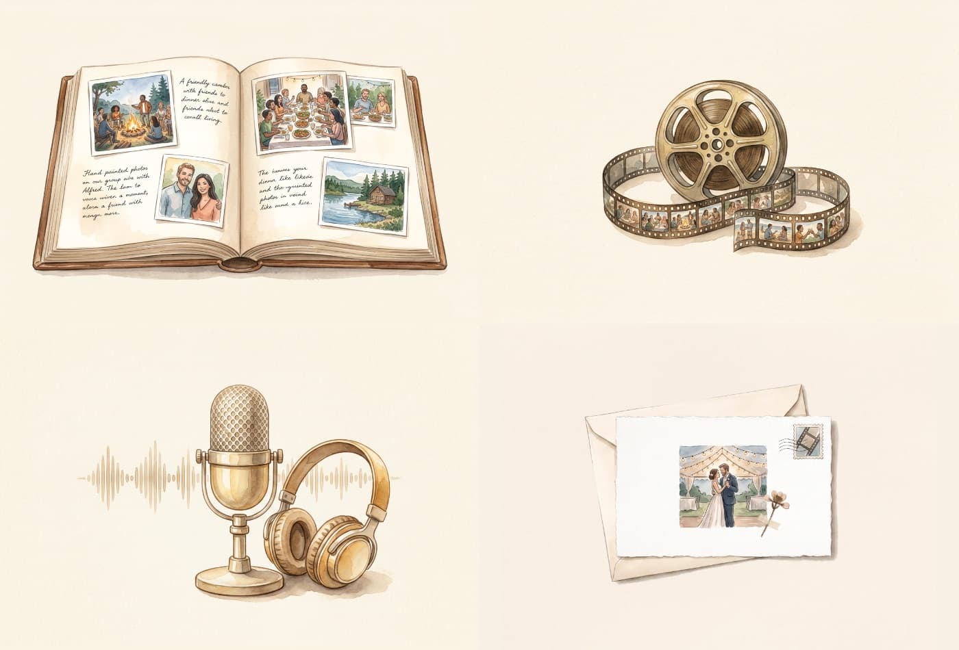 Watercolour illustration of the four keepsakes together: an open book of photos and handwriting, a film reel unspooling a strip of frames, a microphone beside headphones and a soundwave, and a thank-you card resting on its envelope.