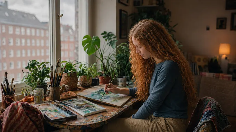 A woman painting with watercolours at a table by a window full of plants.