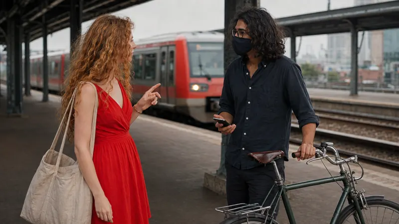Two people talking on a busy platform as a train arrives.