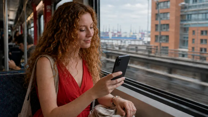 A woman reading her phone in a train carriage.