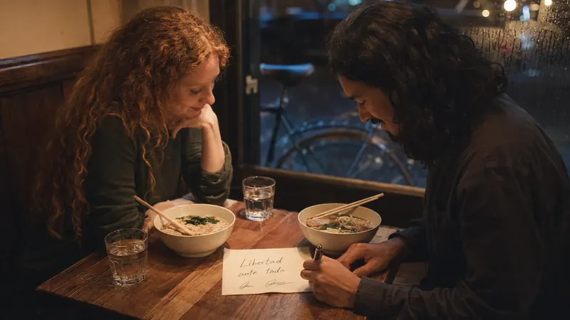 A couple leaning over two bowls of ramen at a window table at night, one of them writing on a napkin.