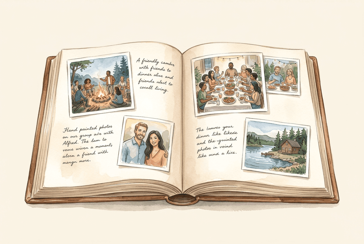 Watercolor illustration of an open keepsake book.