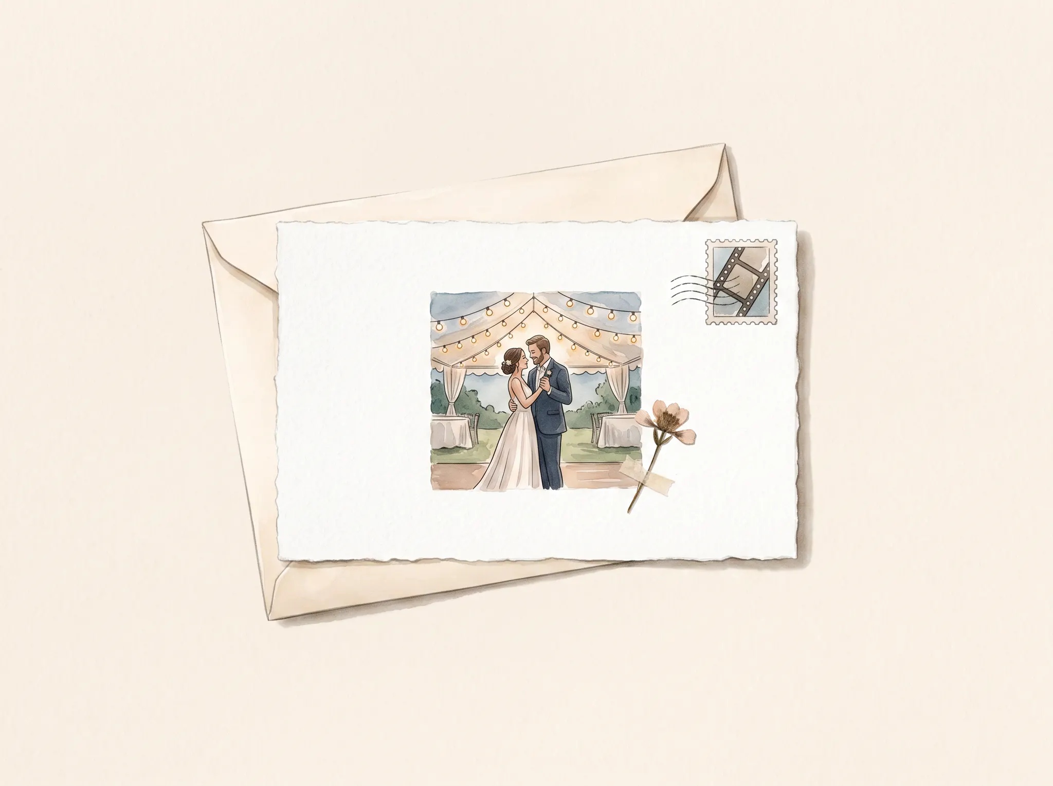 Watercolour illustration of a thank-you card with a wedding photograph on it, a filmstrip stamp in the corner, resting on its envelope.