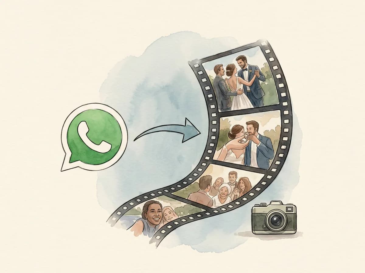 Watercolor illustration of WhatsApp replies gathering into a filmstrip.